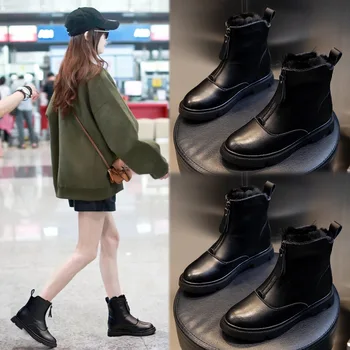 

Front Zipper Chunky Platform Women's Boots Solid Black Boots Women Round Toe High Heel Ankle Boots for Women Zapatillas Mujer
