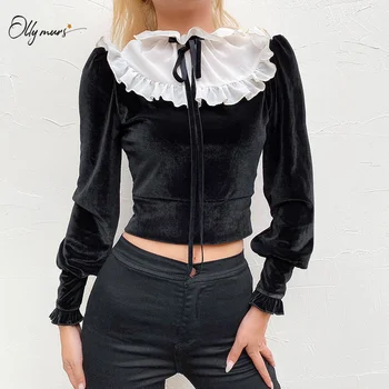 

OllyMurs Fashion Retro Style Women Crop Tops Solid Black Female Long Sleeves Women Clothes Ladies Casual Holiday Party Club Tops