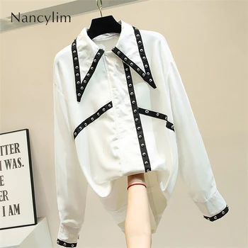 

Autumn Long Blusas for Women 2019 New Handmade Beaded Rivet Shirt Women's Vintage Lapel Long Sleeve Blouse Shirts Jacket Top