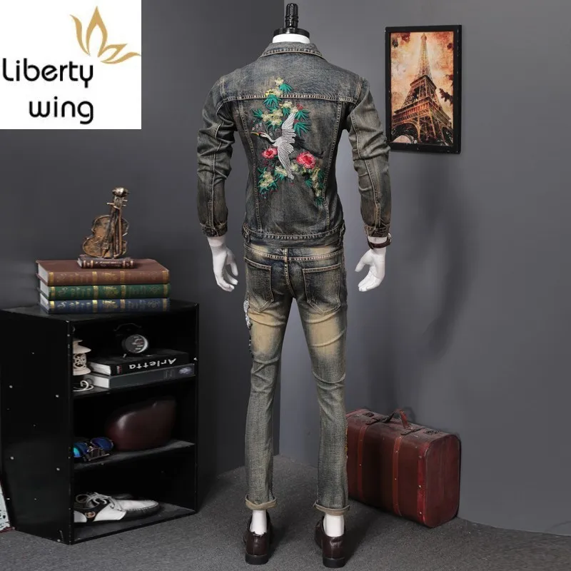 

Spring Men Vintage Printed Turn-down Collar Denim Jacket Slim Embroidery Cowboy Coat + Jeans Pants Two Piece Set Male Streetwear