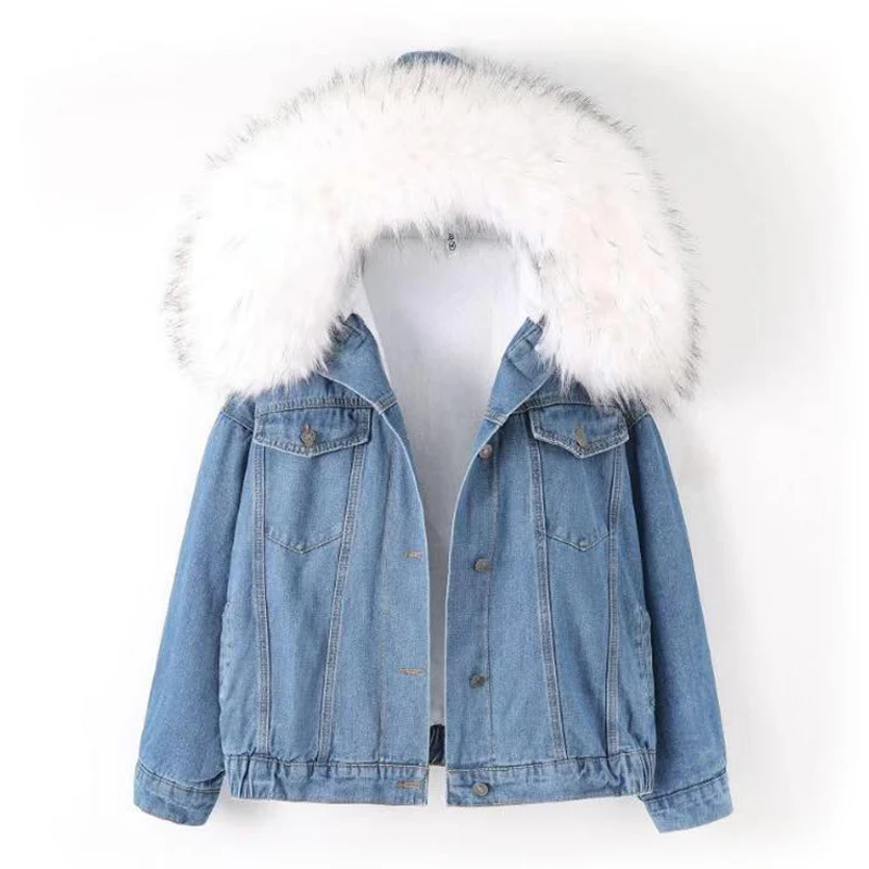 

Fur Collar Denim Winter Jacket Women Thick Warm Fleece Coat Woman Solid Zipper Hooded Female Coats Casual Oversized Girl Clothes