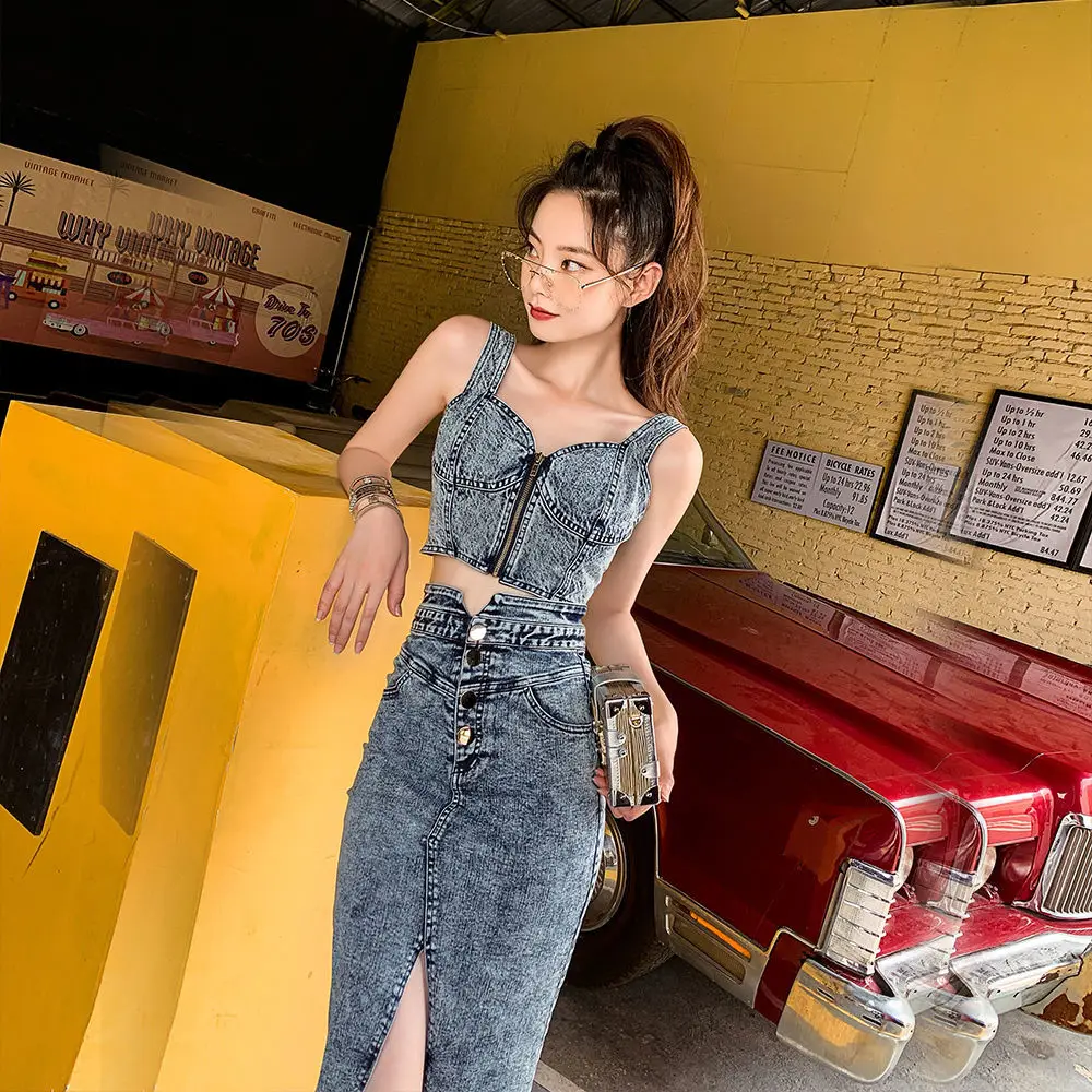 Jeans Vest Strap Tops+Skirts Sets Straps Buttons Denim Split Button Pencik Knee-Length Suits for Woman Sexy Outfits Two Piece feynzz casual blue denim shorts women sexy high waist buttons pockets slim fit shorts 2022 summer beach streetwear jeans shorts