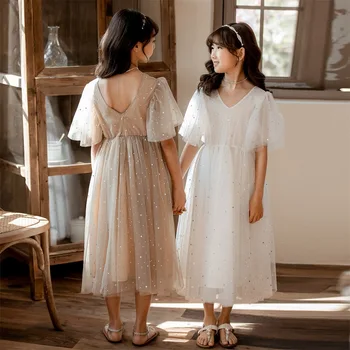 

2020 spring and summer new V-neck short-sleeved girls stars jumpsuit princess dress tremolo net red explosion dress