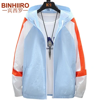 

Men's Thin Jacket Summer Anti-UV Breathable Stitching Hooded Pocket Casual Windbreaker 2020 Fashion Sun Protection Clothing Male