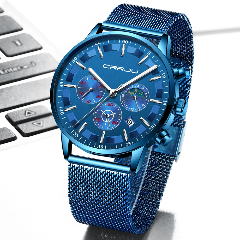 Mens Quartz Watches CRRJU Luxury Full Steel Men's Wristwatches Date Clock Military Waterproof Chron