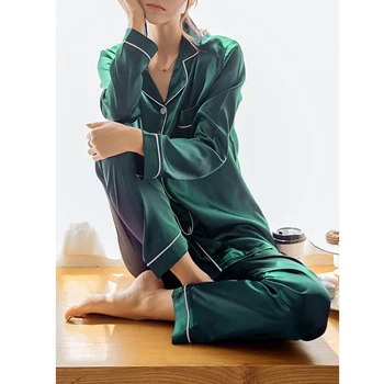 

Women Pajamas Set Female Homewear 2 Piece Sleepwear Faux Silk Satin Long Sleeve Sleepwear Button Blouse and Pant Pijama Mujer