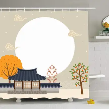 

Shower Curtain Set with Hooks 60x72 Chuseok Tile Full Moon Korean Traditional Season Scenery Roof House Wall Hanok Landscape