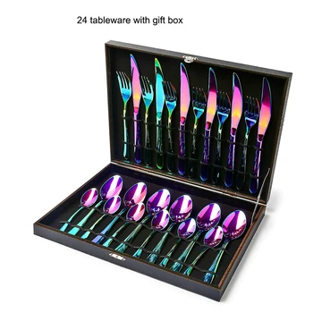 

24pcs Tableware Flatware Set Cutlery Sets 18/10 Stainless Steel Dinnerware Rainbow Dinner Knife Fork Spoon Kitchen Home Gift Box