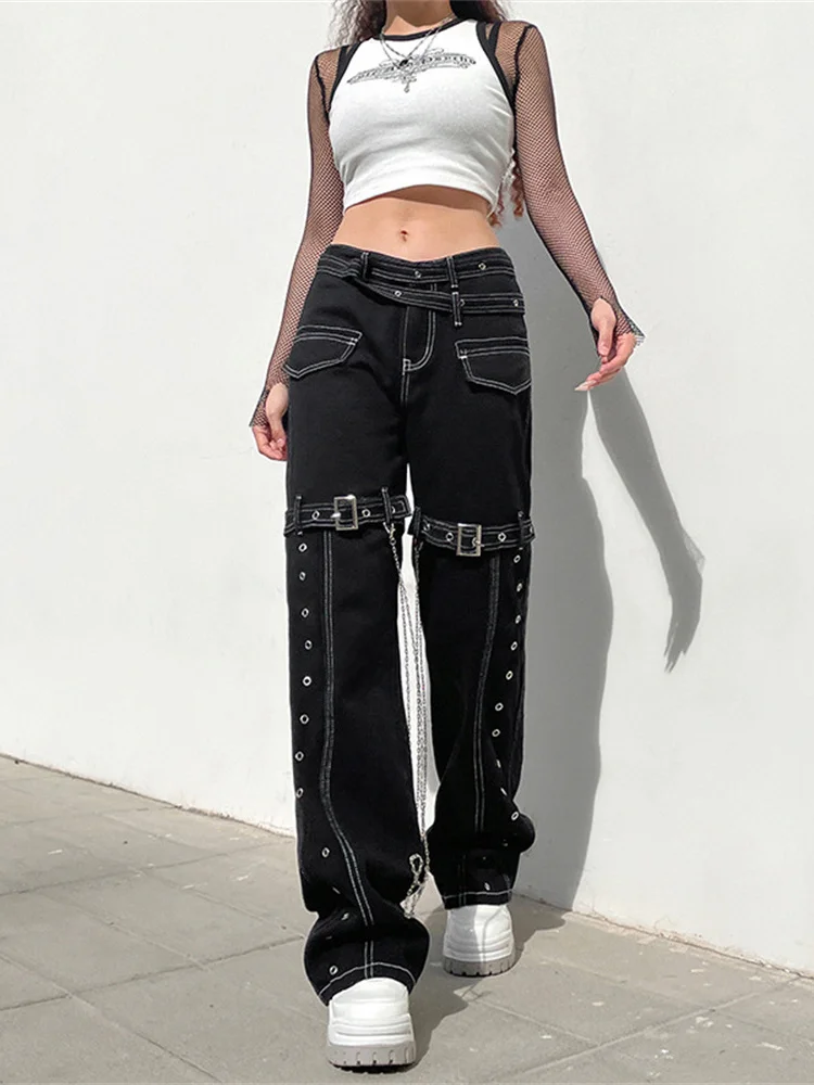 Punk Cargo Pants Emo Alt Harajuku Black Buckle Chain Denim Trousers Women Casual Y2k Cyber Straight Jeans Hippie Pockets Pants track pants