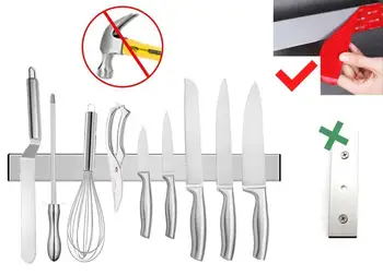

Magnetic Knife Holder Strip No drilling PartsExtra 16 Inch Stainless Steel Powerful Magnetic Knife Storage Bar Knife Rack(2pcs）