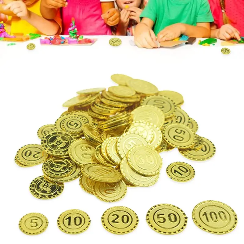 Monedas de plástico de piratas para niños, juego de monedas de oro para decoración de fiesta, 100 Uds.