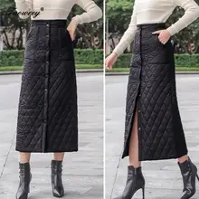 Женские пуховые юбки размера плюс 3XL, зима, элегантная шикарная юбка с высокой талией, женские юбки на пуговицах, юбка миди, Faldas Saia