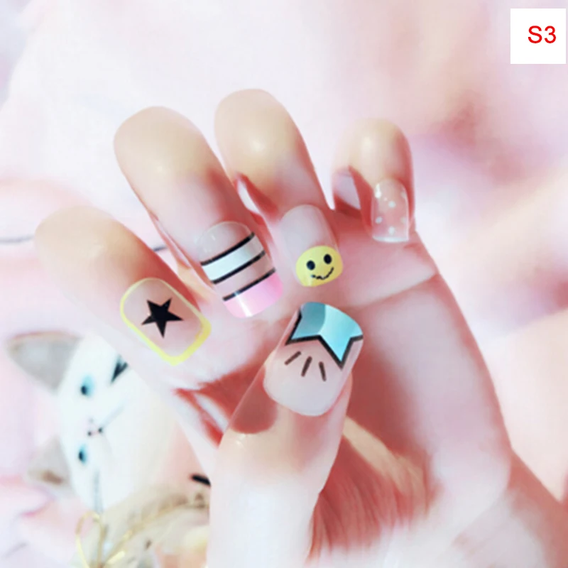 24pcs Green White Little Flower Fake Nail Art Decoration Short Square Head Full Cover False Nails Tips with Glue Sticker file