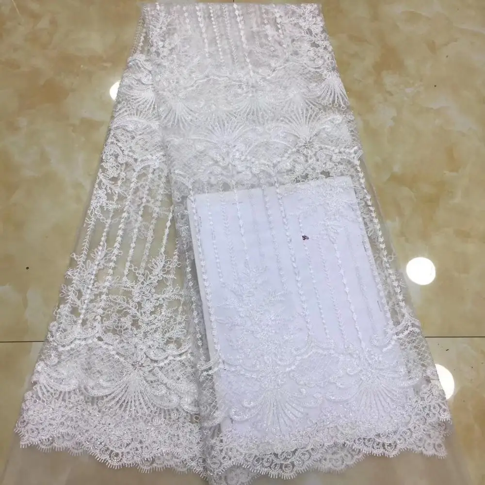 

French lace fabric 5yds/pce wihte sequins embroidery mesh fabrics women gorgeous luxury party event asoebi bright dress 2019 new