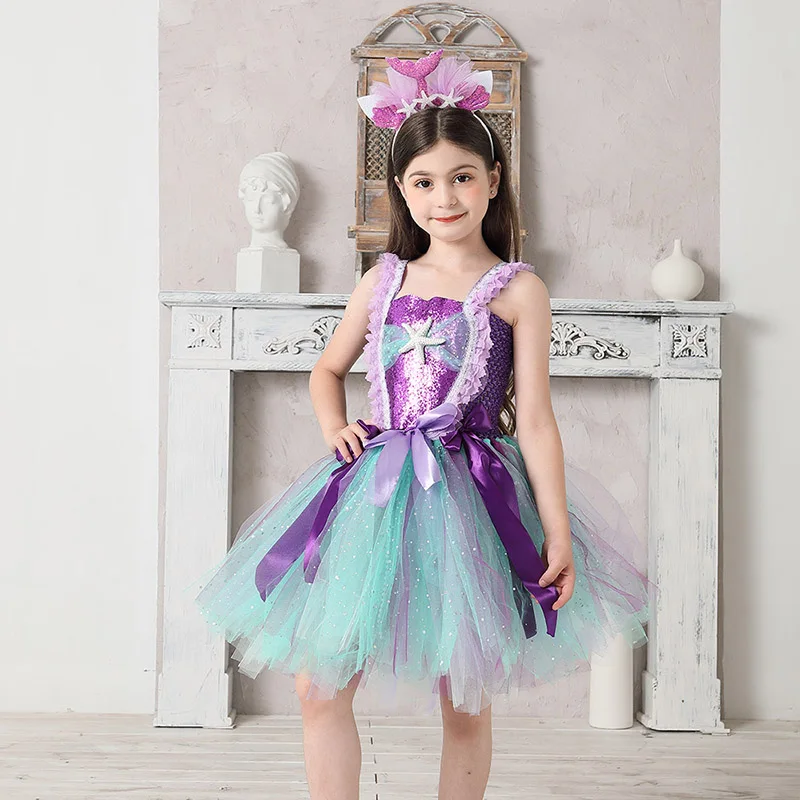 Mermaid Teal and Pearls Sparkly Tutu Dress for Girls Birthday Party Pageant Princess Dresses Kids Starfish Halloween Costume (3)