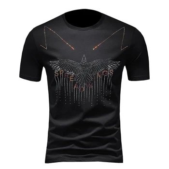 

Summer Bird Spread Wings T Shirt Men Fashions Quality Rhinestones Tee Mercerized Cotton Short Sleeve T-Shirt