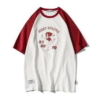 

Men Letter Painted T shirt Oversize Patchwork Tshirts 2020Summer Unisex 100%Cotton Streetwear Couples Vintage raglan sleeve Tops