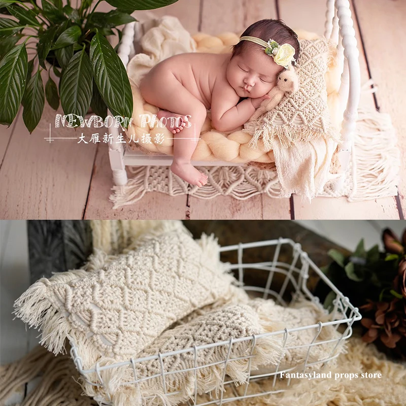 Newborn Photography Props Bebe Photo Props Hand Woven Pillow Mini Studio Baby Photography Accessories Tassel Cushion For Cat
