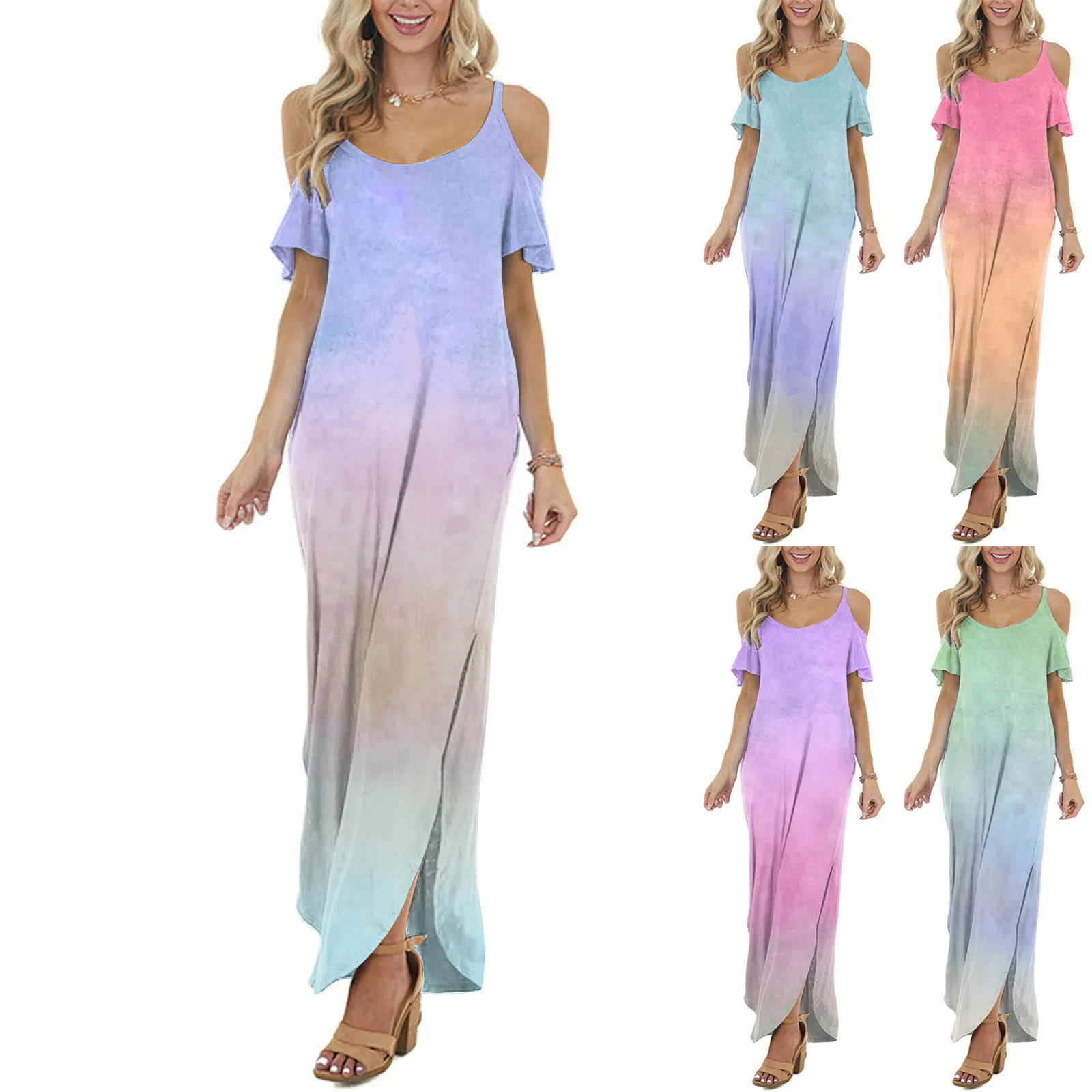 Women Casual Loose Pocket Long Dress Off Shoulder Short Sleeve Split Maxi Mujer Dress Sexy Summer Holiday Beach Dresses Женский 1