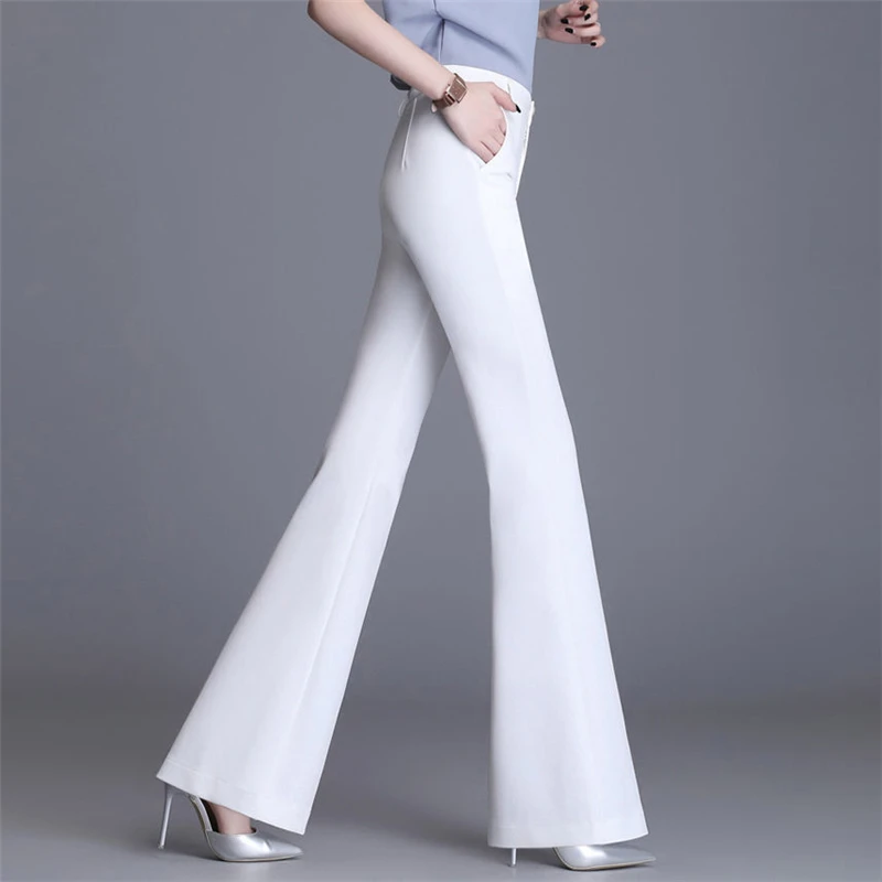 Classic Slim White Flare Pants For Women 2023 Summer Thin Bell Bottom Pantalones High Waist Office Lady Suit Trousers Breathable