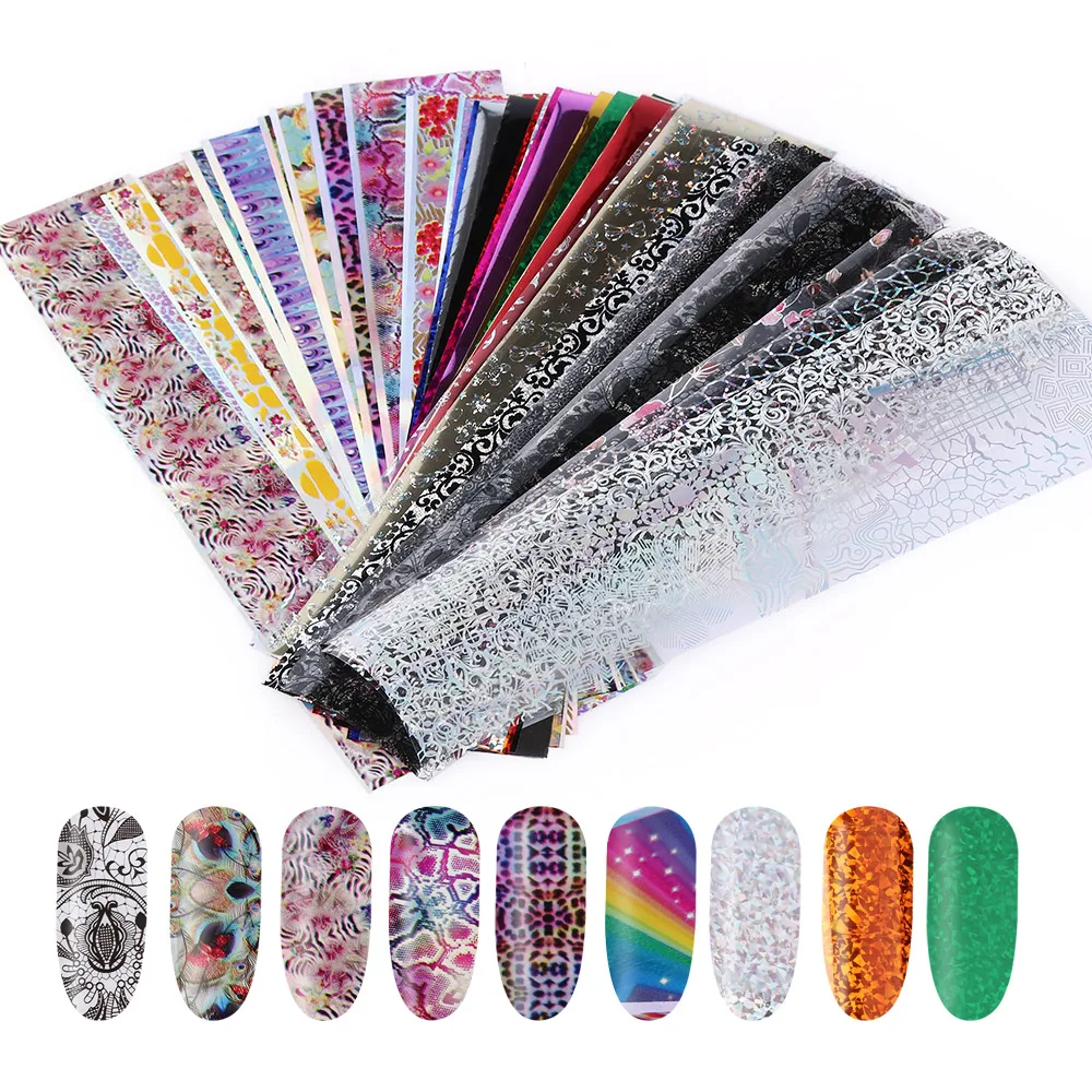 

50PCS Laser 3D Nail Foils Gradient Starry Sky Leopard Paper Flower Lace Sticker Manicure Adhesive Wraps Nails Art Polish Decor
