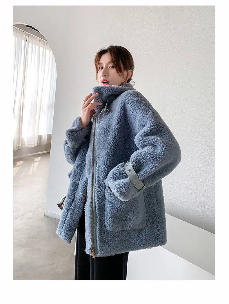 Heydress, Осень-зима, женское однотонное пальто из овчины с мехом ягненка, Женская куртка из зернистой овчины, Женская Повседневная теплая верхняя одежда