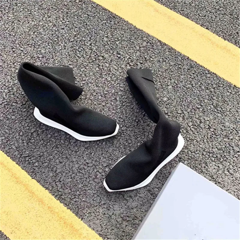 Donna/ботинки; Scarpe Sock; женская обувь из спандекса; chaussures femme; обувь на среднем каблуке; Botas Mujer; женские ботинки с квадратным носком; женские ботинки до середины икры