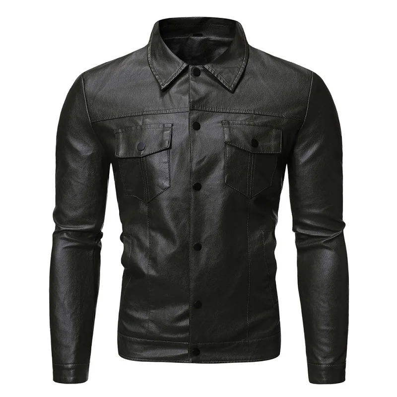 

2019 Autumn and Winter New Men's Motorcycle Slim Leather Men's Solid Color Single-breasted Jacket J770