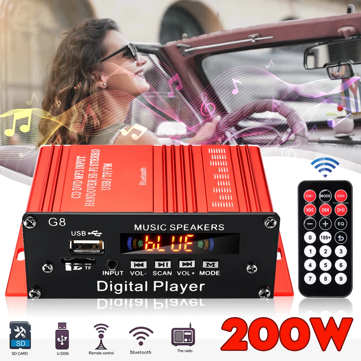 G8 12V Car Audio Stereo Power HIFI Amplifier bluetooth FM Radio 2CH 200W Support FM AUX SD U disk