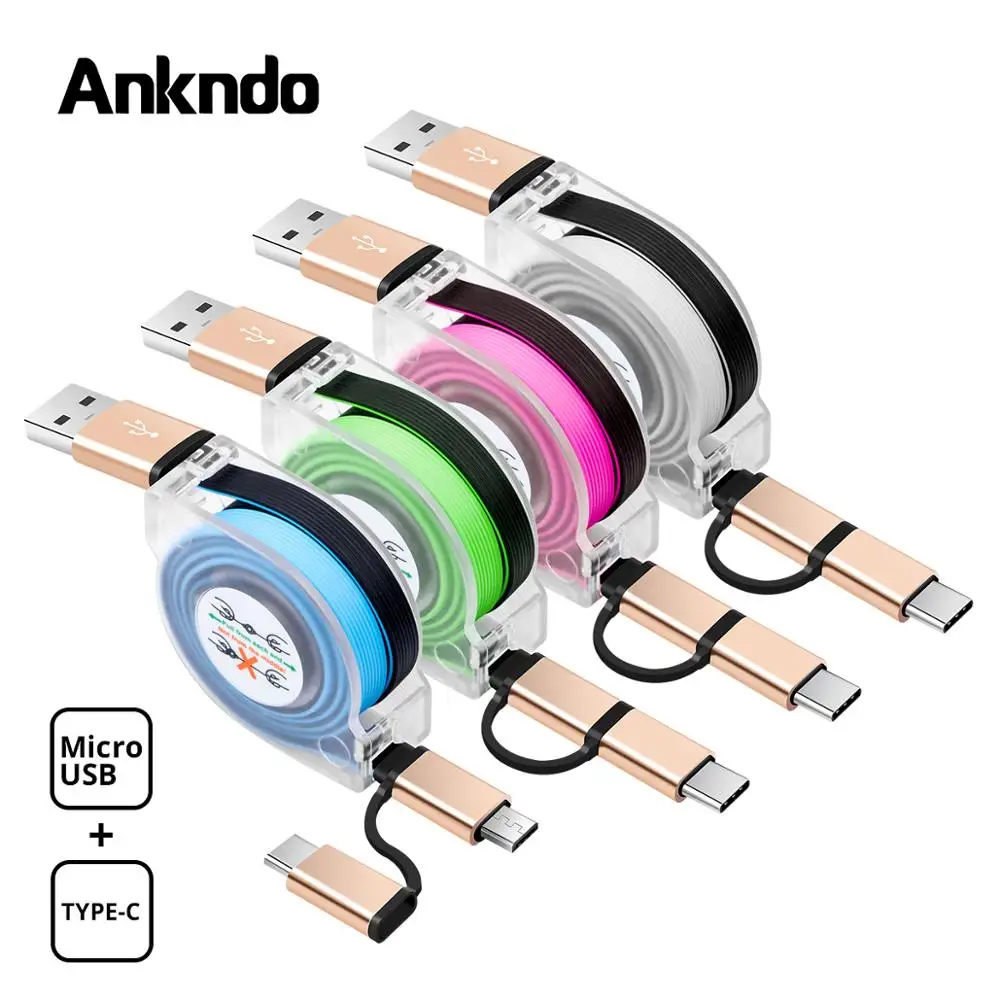 Ankndo 2 в 1 USB кабель Выдвижной usb type C Micro Быстрая зарядка передача данных провод м