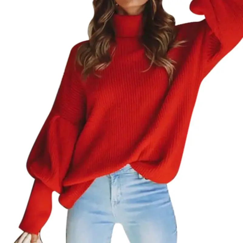 

2019 New Knitted High Collar Sweaters Women Autumn Casual Wild Loose Lantern Sleeve Pullover Tops Sweaters Four-color S-XL Size
