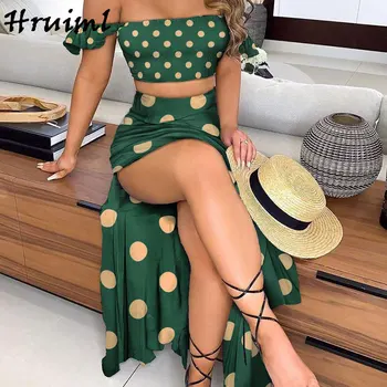 

Fashion 2 Piece Set Women Summer Polka Dot Print Off Shoulder Slash Neck Crop Top Split Long Skirt Sets Outfits Sexy Club Wear
