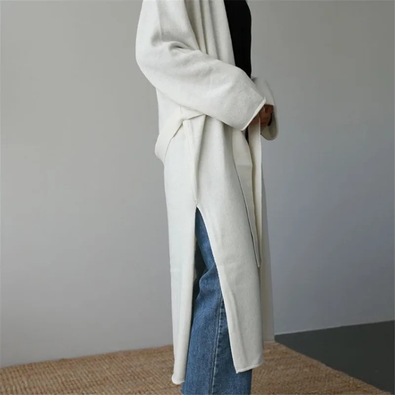 white Autumn Winter Women's Cardigan Simple Belt Female New Fashion Long Coat Loose Type Wool Knitted Cardigan Female Outwear - Цвет: white