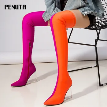 

2020 PENUTA Lycra Sock Boots New Transparent High Wedge Heel Pointy Toe Over-the-Knee Boots Thigh High Women Botas Shoes B0006
