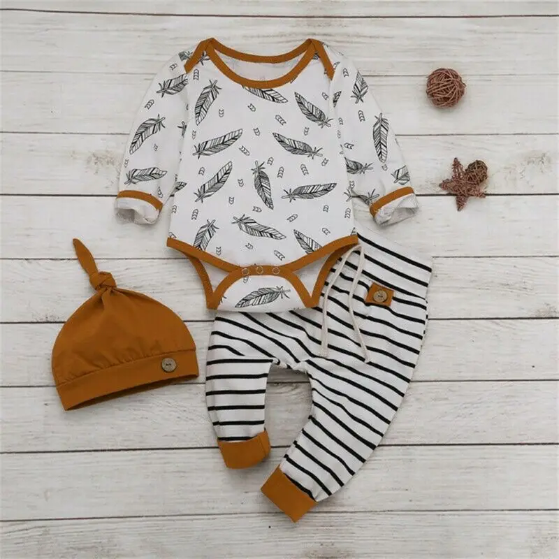 

Pudcoco Newborn Baby Boy Girl Outfits Clothes Set Long Sleeve Tops Romper + Striped Pants + Hat 3pcs Outfits Set