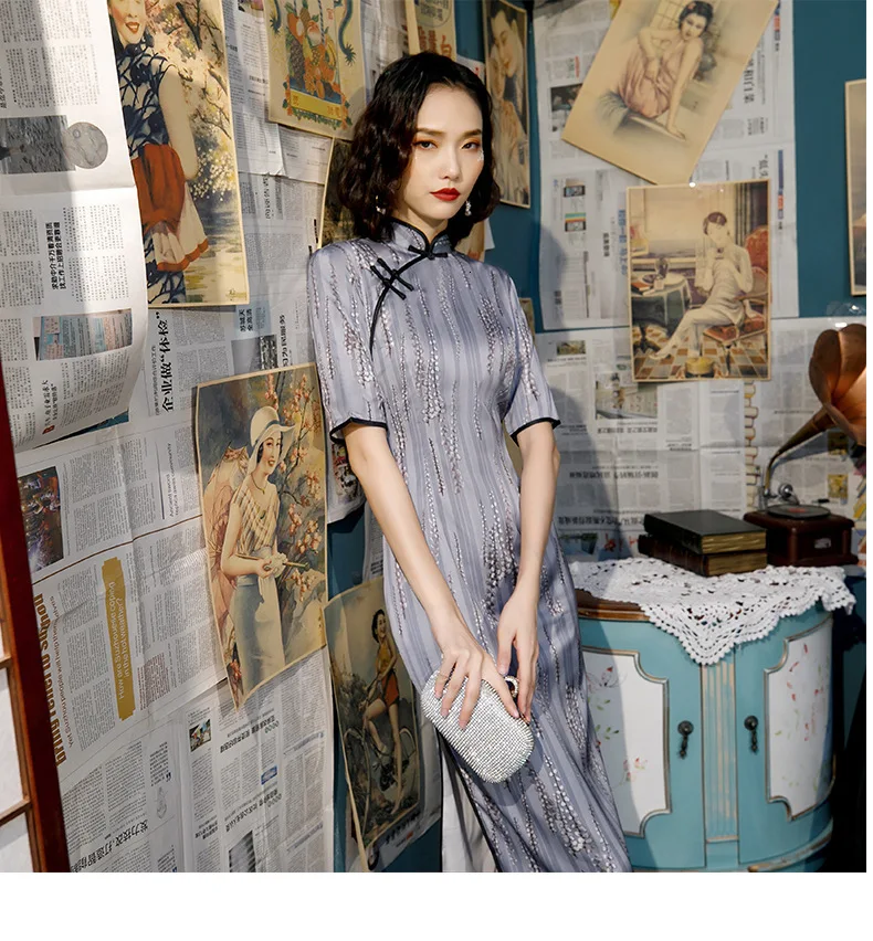4XL 3XL размера плюс Симпатичные Cheongsam шелковые длинные вечерние платья Банкетный Qipao светильник в фиолетовую Полоску Вечернее китайское платье