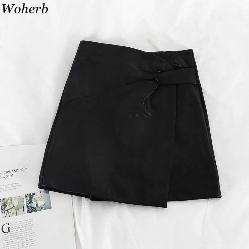 Woherb/элегантная мини-юбка для женщин с высокой талией, однотонные юбки из искусственной кожи в Корейском стиле, модная новинка, Faldas Mujer 90631
