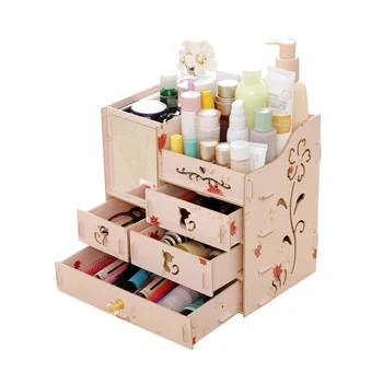 

New Wooden Storage Box Assembly Large Capacity Makeup Cosmetic Storage Box with Mirror Multi Drawers DIY Jewelry Container Organ