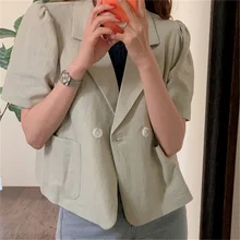 Aliexpress - Korean Fashion Chic Puff Sleeve Blazer Jacket Short Sleeve Buttons Pockets Linen Wild Short Outerwear 2021 Autumn Women Clothes
