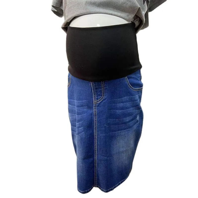 Emotion Moms Women Maternity Denim Skirt High Waist Good Stretch Foldable Waist Band Pregnant Jean Skirt Plus Size S to 4XL