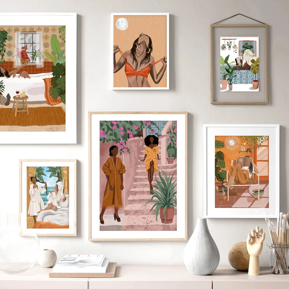 

Fashion retro abstract girl home flower plant leaf illustration wall art canvas painting Nordic posters and prints living room