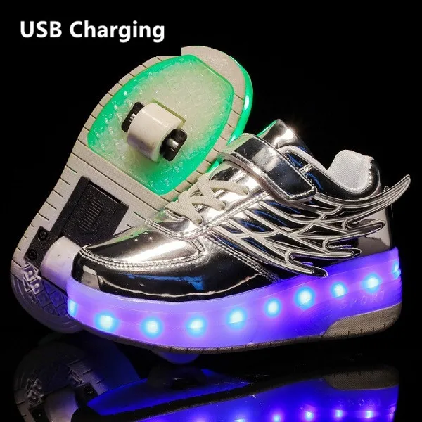 CD03 Silver Heelies New USB charge LED Colorful Children Kids Fashion Sneakers with Two Wheels Roller Skate Shoes Boys Girls Shoes - Цвет: CD03 Silver