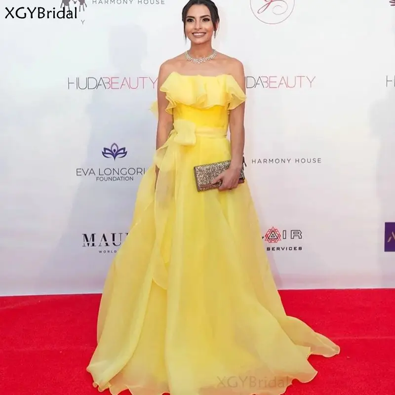 

Evening Dress Ruffle Strapless Backless Long Evening Party Gown Organza Sweep Train Custom Made Plus Size Robe de Soirée