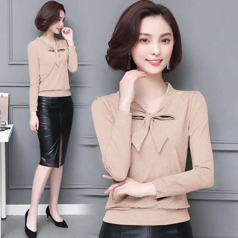 Hebaoli 2019 New Women's Decoration Body Bright Silk Long Sleeve Fashion Slender Bottom Shirt |