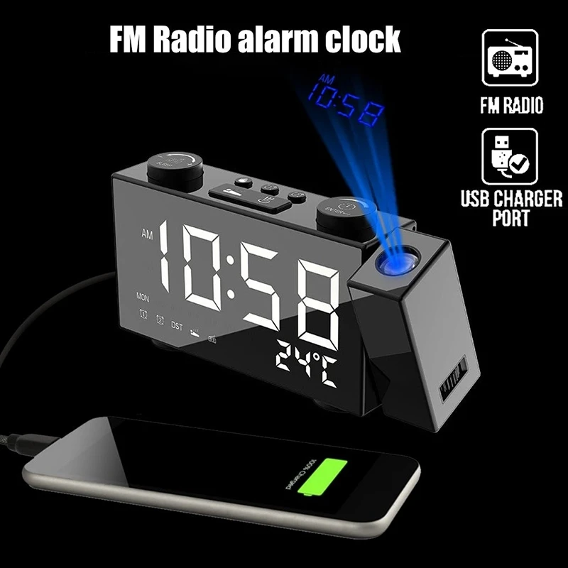 

Digital FM Radio Alarm Clock With Projection Led Desk Clock Snooze Function Temperature Display USB Charger Table Despertador