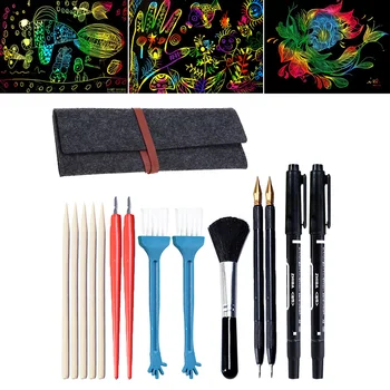 

15PCS Scratch Tools Set with Bamboo Sticks Scraper Repair Scratch Pen Brush Storage Bag for Children Birthday Christmas Gift