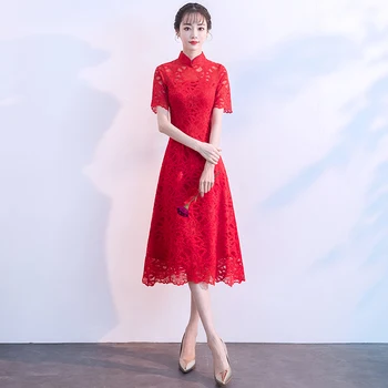 

Vintage Red Chinese Wedding Party Dress Elegant Female Lace Mandarin Collar Cheongsam A-line Perspective Qipao Vestidos