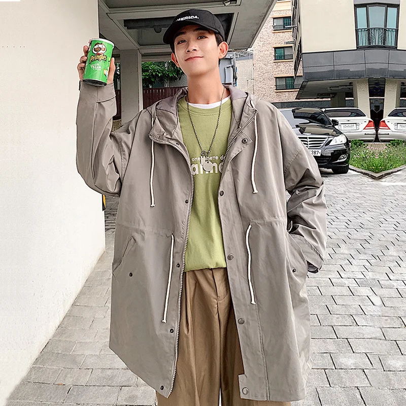 Autumn New Long Jacket Men Fashion Solid Color Casual Hooded Jacket Windbreaker Man Streetwear Hip Hop Loose Bomber Jacket