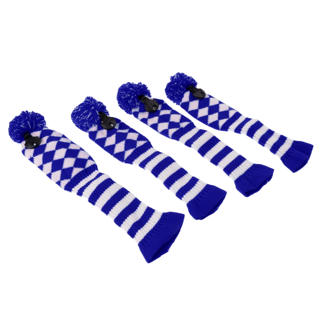 Set of 4 Golf Driver Fairway Woods Club, Knit Head Covers Knit Pom Pom Sock Headcovers Long Neck Knit Sock Golf Club