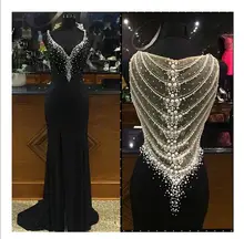 

Black Sparkly Prom V Neck Sexy Back Hollow Beaded Pearls Beading Long Mother of the Bride Dress Sheer Back Formal Evening Gown